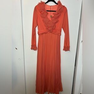 Vintage Unknown Brand Women's Coral Ruffle-Front Long Sleeve Maxi Dress